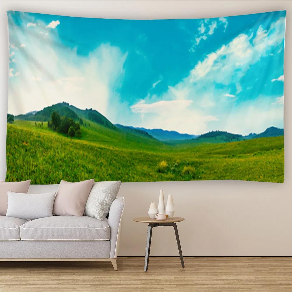 Blanket Curtain Bedroom Living Room Decoration Blue Sky White Cloud Grassland Wall Hanging Tapestry Art