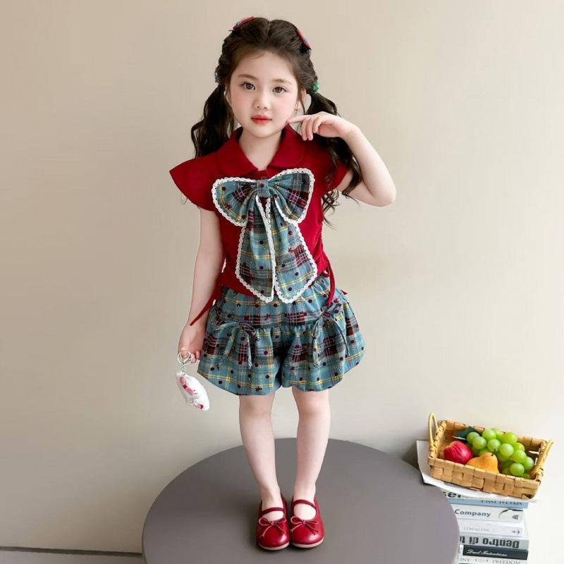 Girls Summer Fashion 2 Piece Set Bow Short Sleeve Top And Bud Pants Casual Outfit For Kids