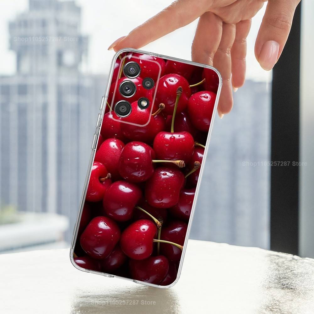 Fruit Tasty Cherry Phone For Samsung A30,71,51,S20,10,9,Ultra,FE,Lite, S21,23,22,PIus,Transparent, Silicone Case
