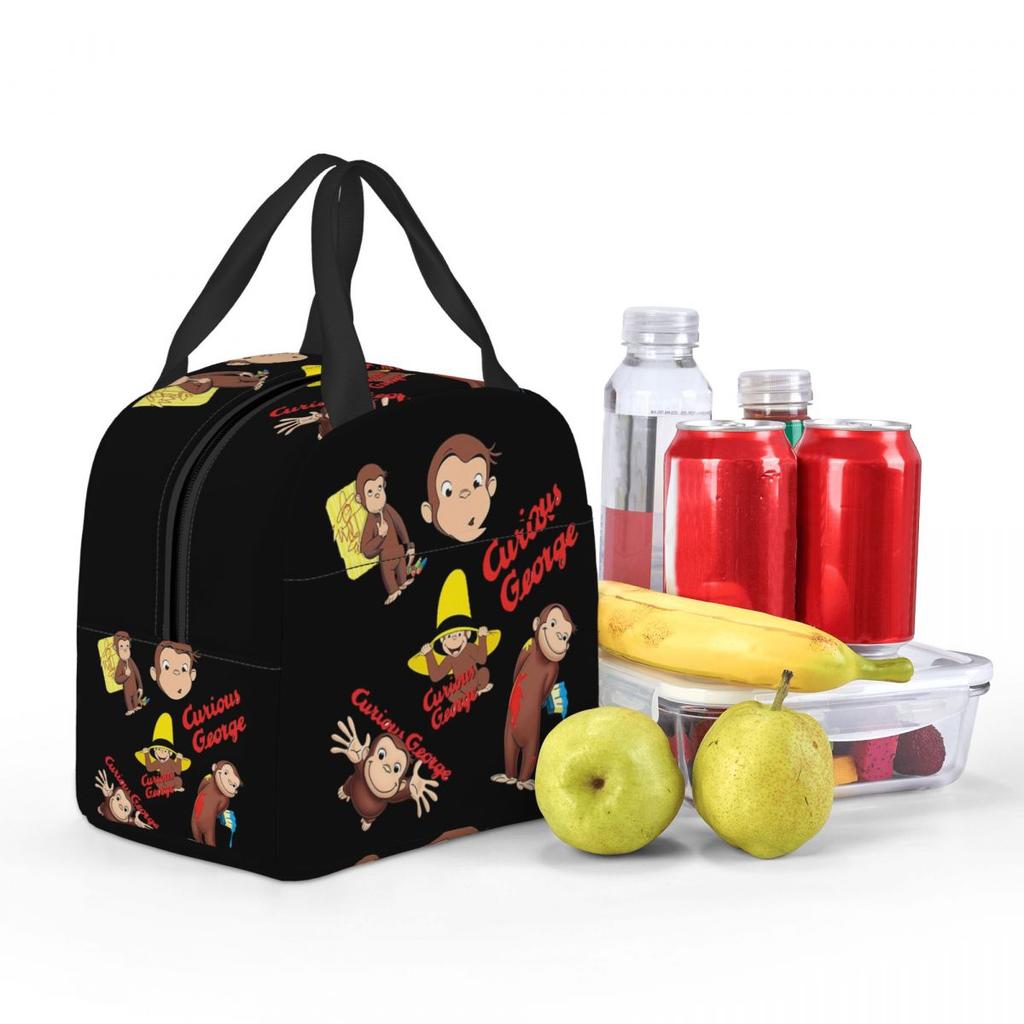 Cartoon Curious George Monkey Anime Insulated Lunch Bag for Women Office Cooler Thermal Food Box Tote Leakproof
