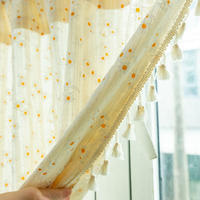 Neuer Vorhang mit Fransenrand und kleinen Gänseblümchen mit Quasten, Japanischer Kurzer Vorhang, Fenster-Abschlussleiste, Küche, Café, Schrank, Halbvorhang
