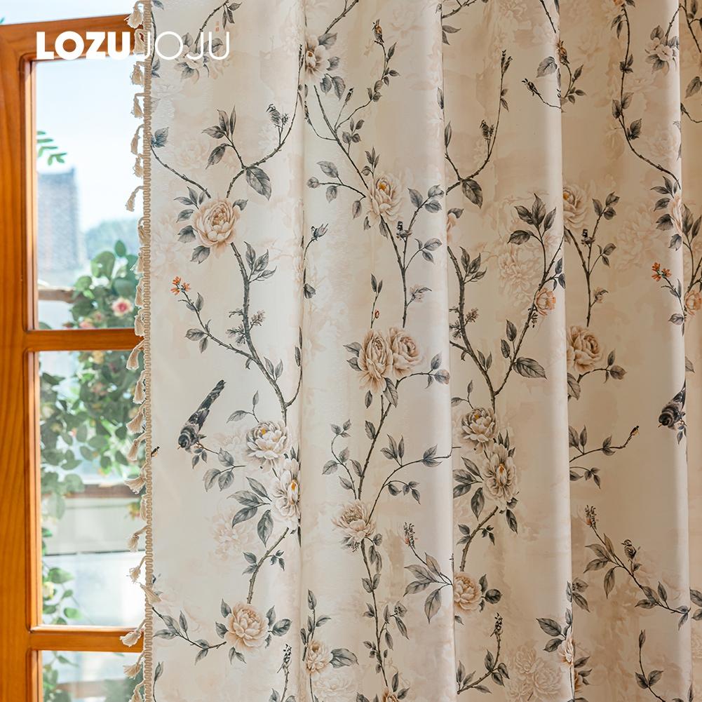 1PC LOZUJOJU French Retro Rose and Bird Print Curtains Beige Tassel Edge Semi Transparent Curtains for Bedroom Living Room Window Home Decor