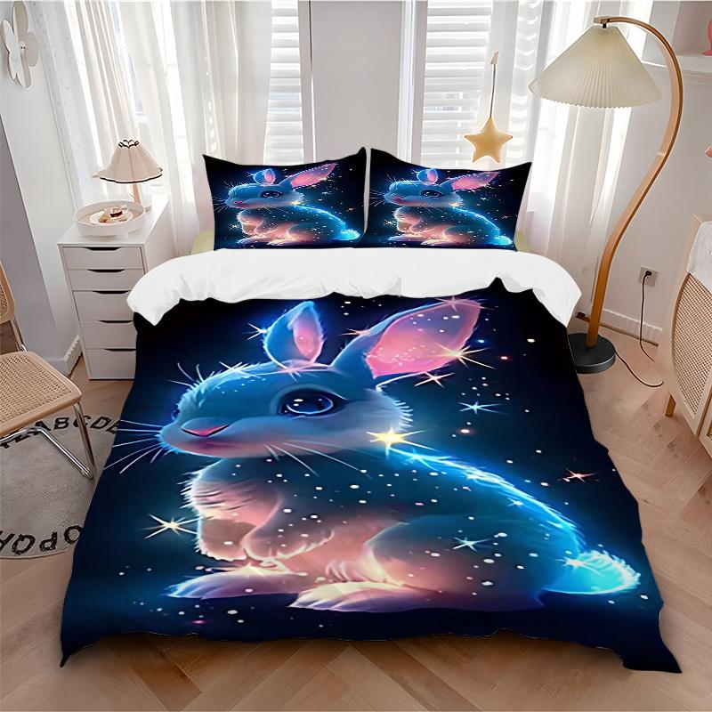 3pcs Glowing Bunny Rabbit Comforter Set with One Quilt Cover and Two Pillowcases (No Core) - Anime Cartoon Design, Polyester Fabric, Festive Gift for