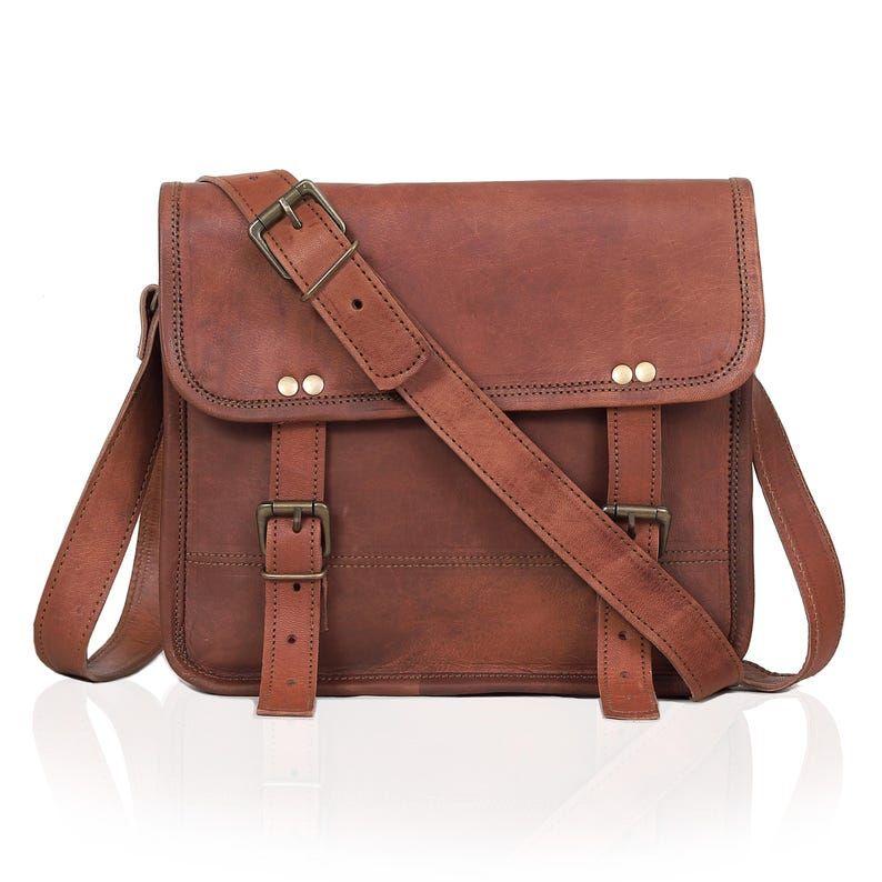 Goat Leather Messenger Bag: Personalized Tablet Satchel, Brown Crossbody