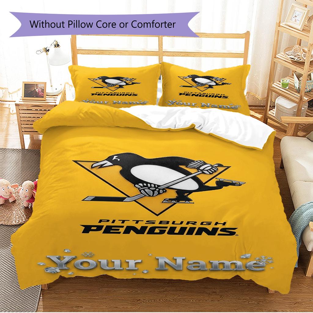 Name Custom Pittsburgh Penguins Pattern Bedding Set Quilt Cover Pillowcase Home Decor Gift (1 * duvet cover + 2 * pillowcase, without core)