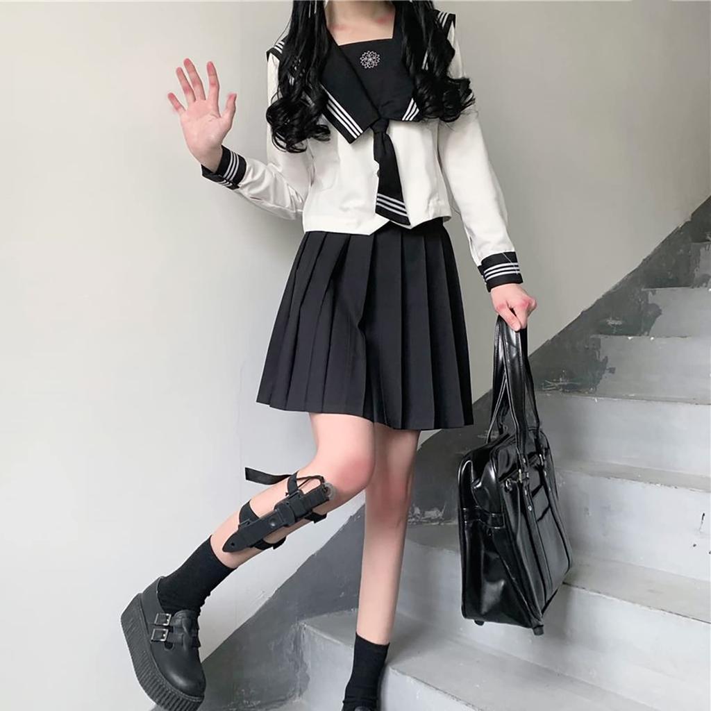 Sailor Uniform Cosplay School Uniform High School Girl Halloween JK Long Sleeve Square Collar [milky Time] (L)