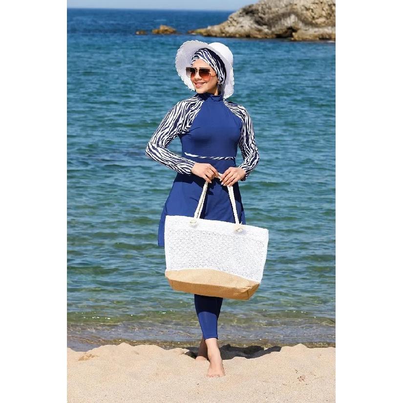 New Blue 2-piece Muslim Women's Modest Muslim Floral Print Seaside Swimwear Full Coverage Swimsuit Set Islamic Hijab Beachwear Burkini Swimsuit