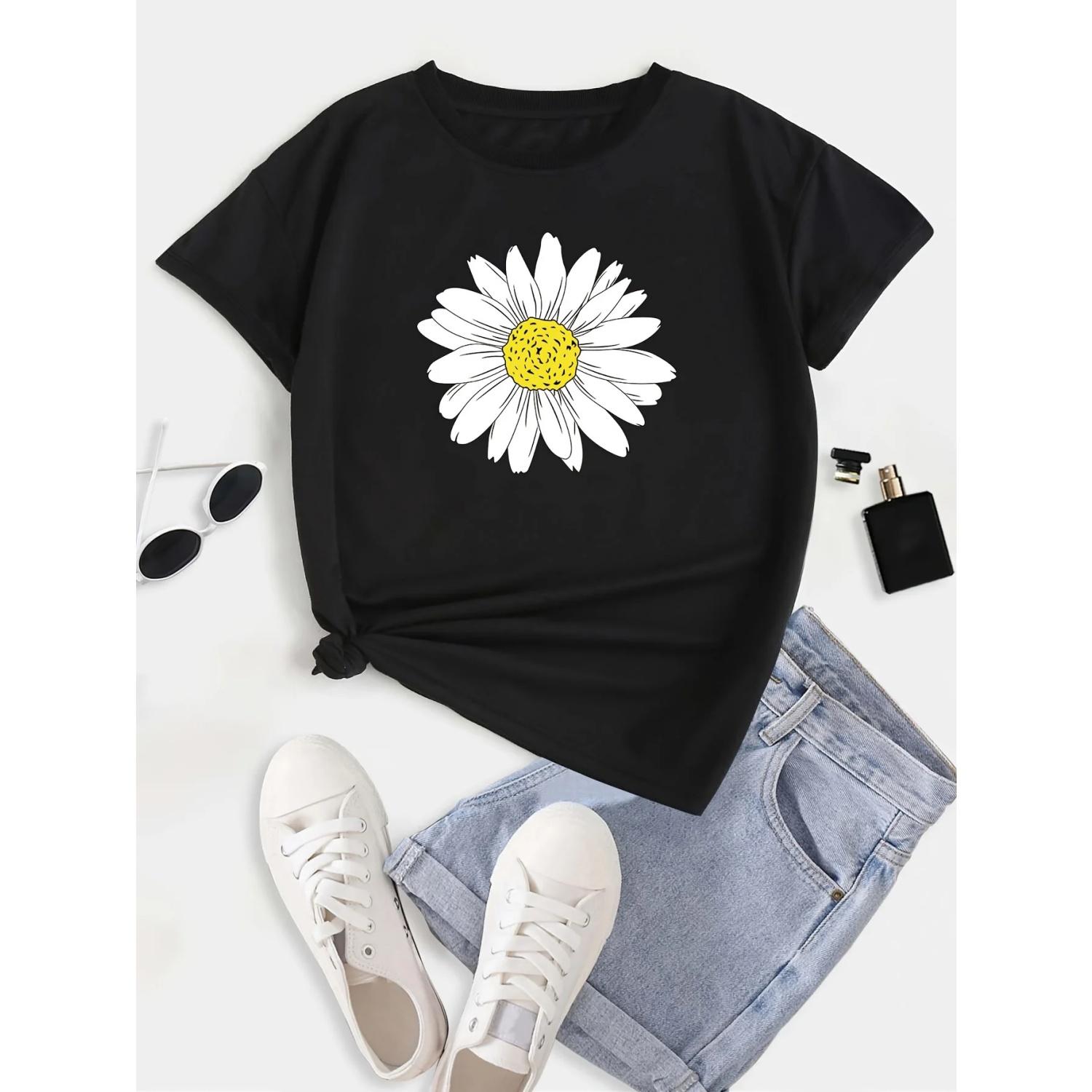 

Sunflower Print Top Tees Short Sleeve T-shirt, Women s Plus Slight Stretch Round Neck Casual Tee S чёрный