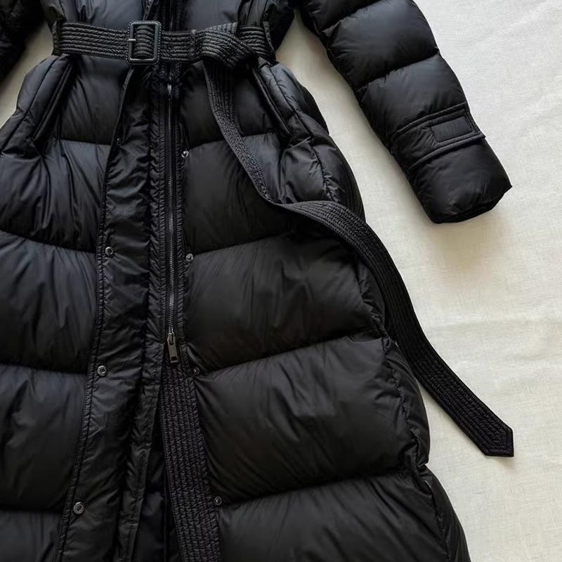 Long waist slim down jacket, thick black coat, high-end Pinghu women's clothing, white duck down hooded winter