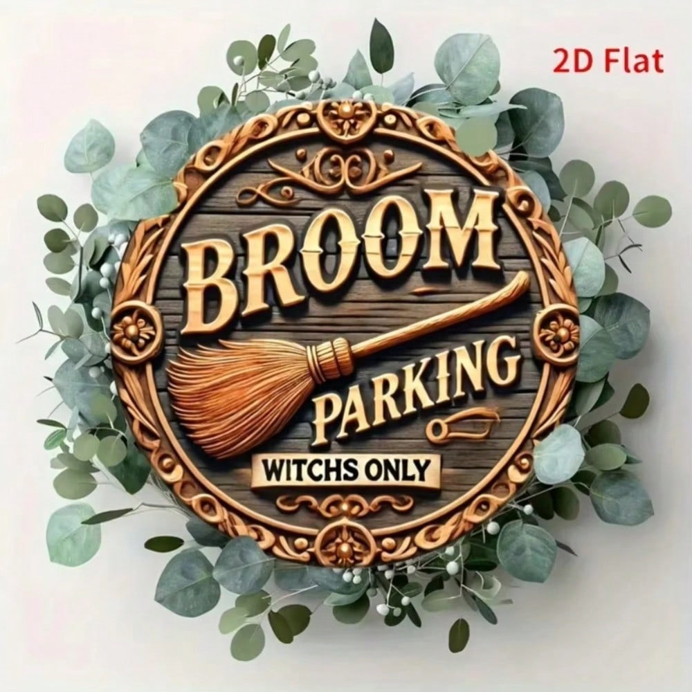 Vintage Metal Witch Sign Broom Parking Wall Art Rustic Floral Scroll Decor Home Halloween Porch