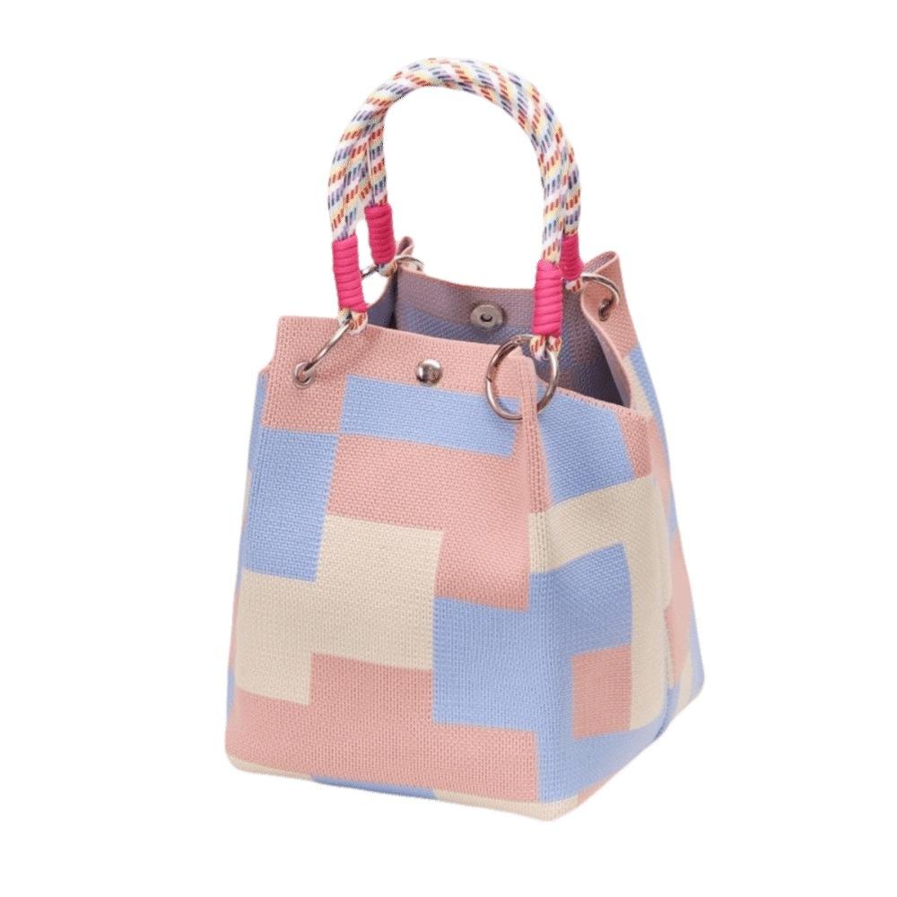 Portable Cartoon Knitted Bucket Bag Handmade Large Capacity Wrist Bag Woven Ring Buckle Handbag for Women Girls