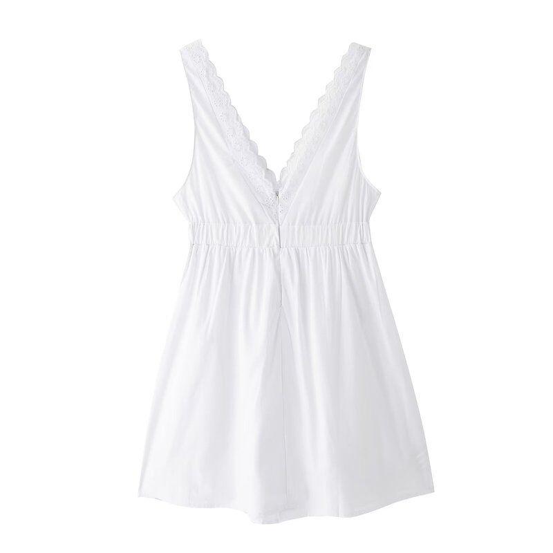 Fashion Style 2024 Summer New Arrival Women's Clothing Stylish V Neck All-Match White Embroidery Stitching Mini Dress