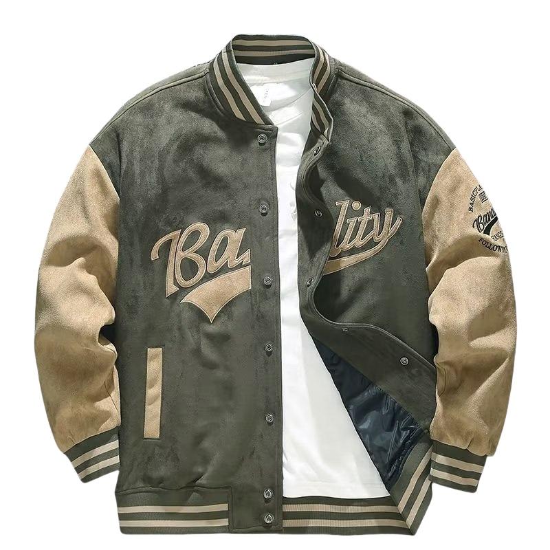 Men's Autumn Winter Fashionable Suede Green Baseball Spring/Autumn Jacket American Retro Jacket Embroidered Loose Pilot Top