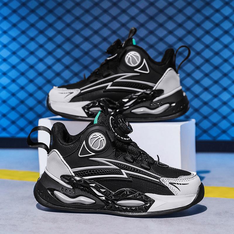 2025 Children's Basketball Shoes, Boys' Leather Waterproof and Non-slip Medium and Older Children's Soft-soled Sports Shoes, Rotating Button Shoes