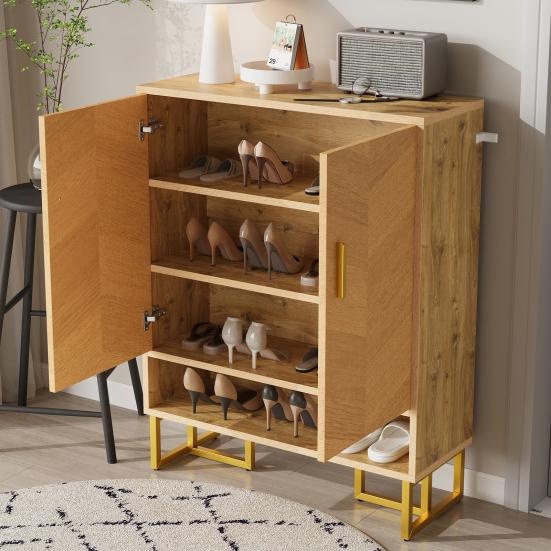 Modern, Minimalist Shoe Cabinet, Unique Wood Grain, Golden Iron Frame, Two-Door Storage Cabinet, Narrow Shoe Cabinet, Shoe Rack, Shoe Tipper,