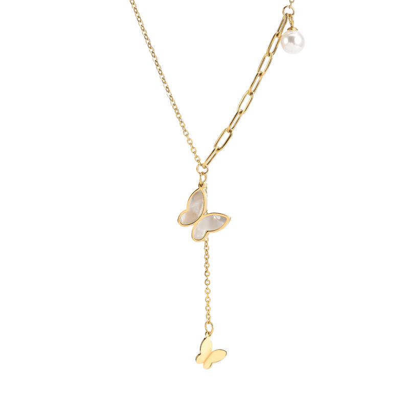 Elegant Seashell & Butterfly Titanium Necklace with Pearl Pendant for Women