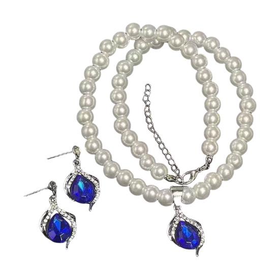2Pcs/Set Imitation Pearl Jewelry Set Retro French Style Blue Waterdrop Faux Gem Charm Necklace Earrings Set