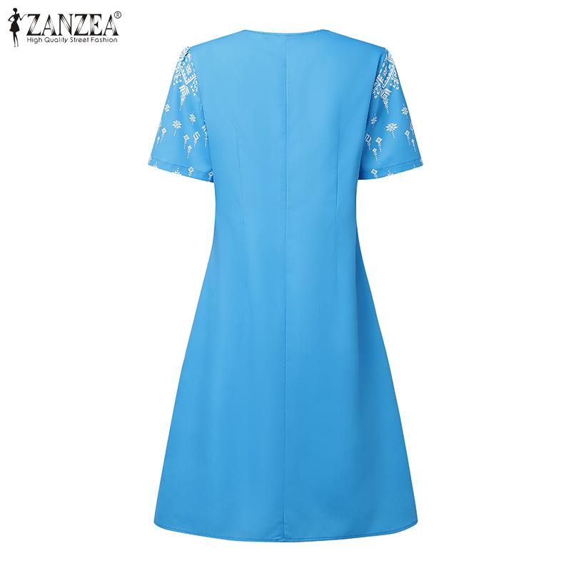 ZANZEA Women V-Neck Casual Short Sleeve Summer Print Dress