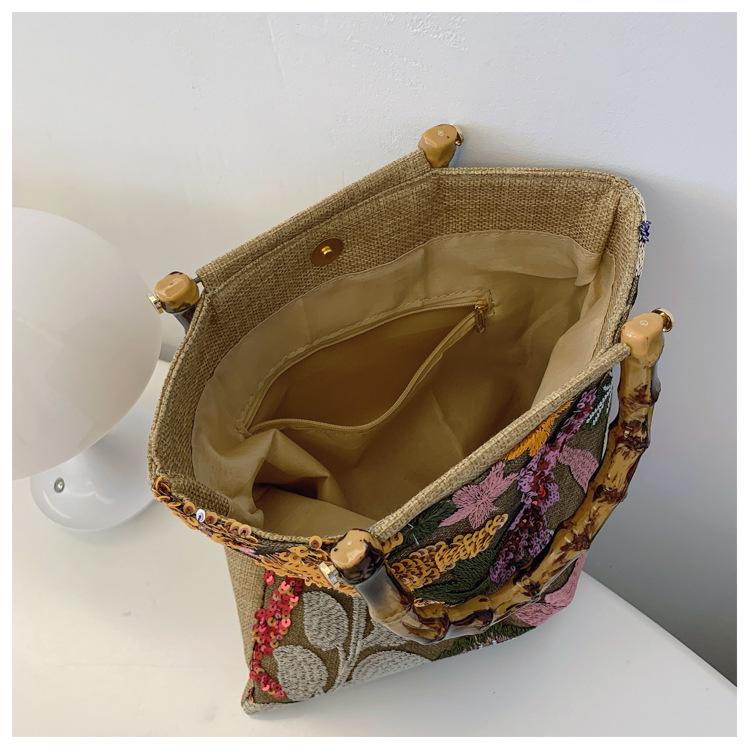 2024 Women's Cross-border Linen Bamboo Handbag with Embroidery and Sequins