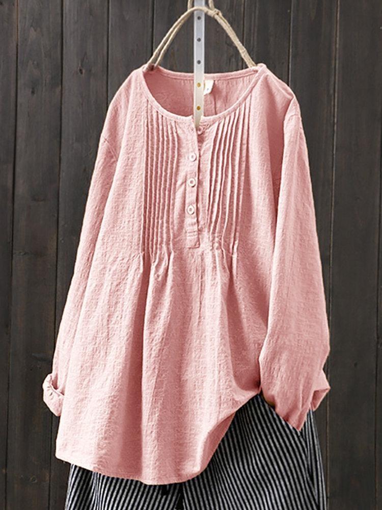 Women Loose Fit Long Sleeve Cotton Linen Shirt Round Neck Pleated Large Size