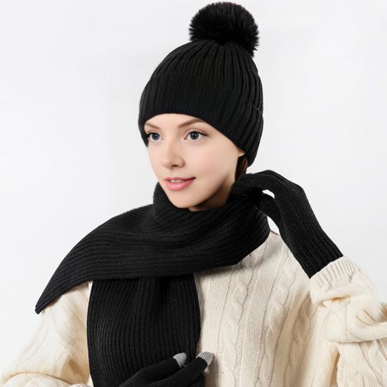 3Pcs/Set Women Winter Hat Scarf Gloves Set Solid Color Elastic Thickened Warm Brimless Hat Long Scarf Knitting Gloves Set