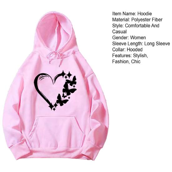 Women's Graphic Hoodie Heart Butterfly Print Drawstring Long Sleeve Pullover Sweatshirt Fall Casual Oversized Hooded Top with Pocket