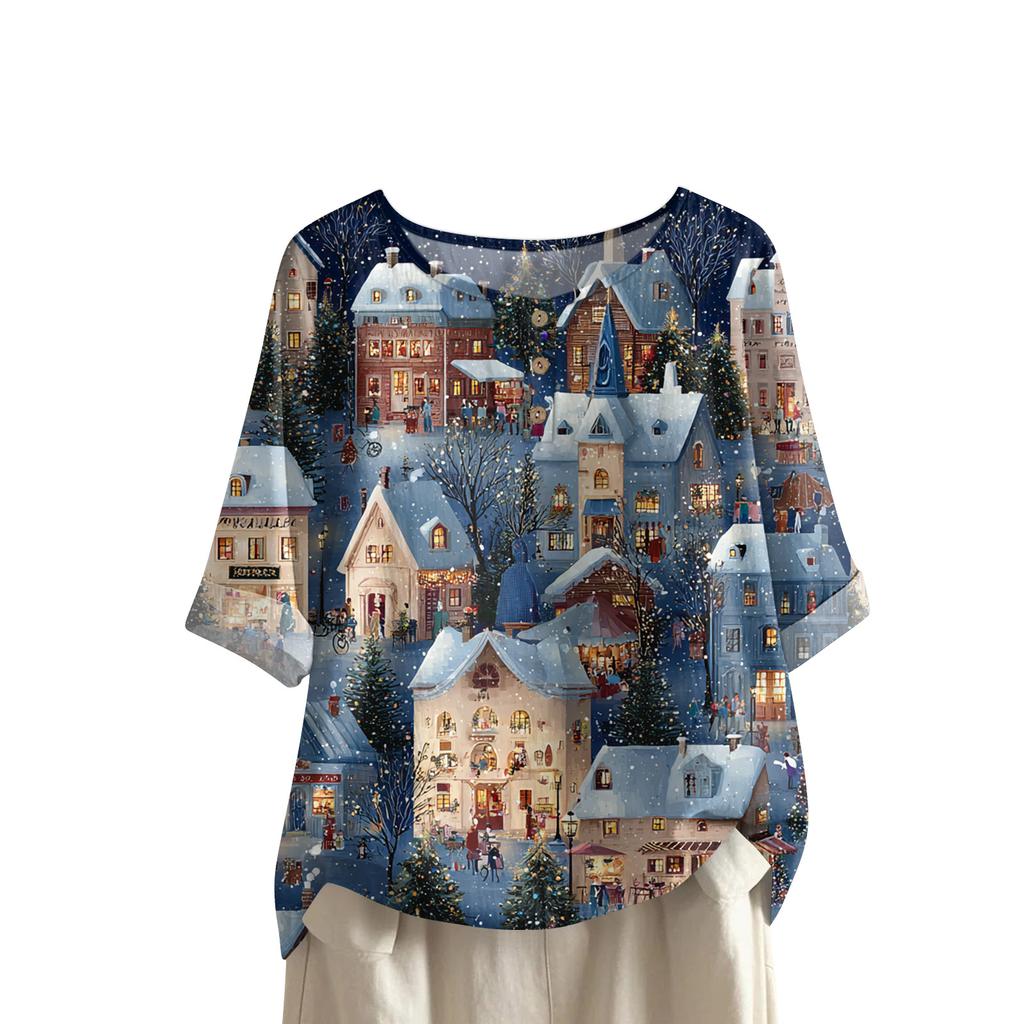 Women's Fashionable And Casual Shirt Half-sleeve Round Neck Print Cotton And Linen Blouse Top