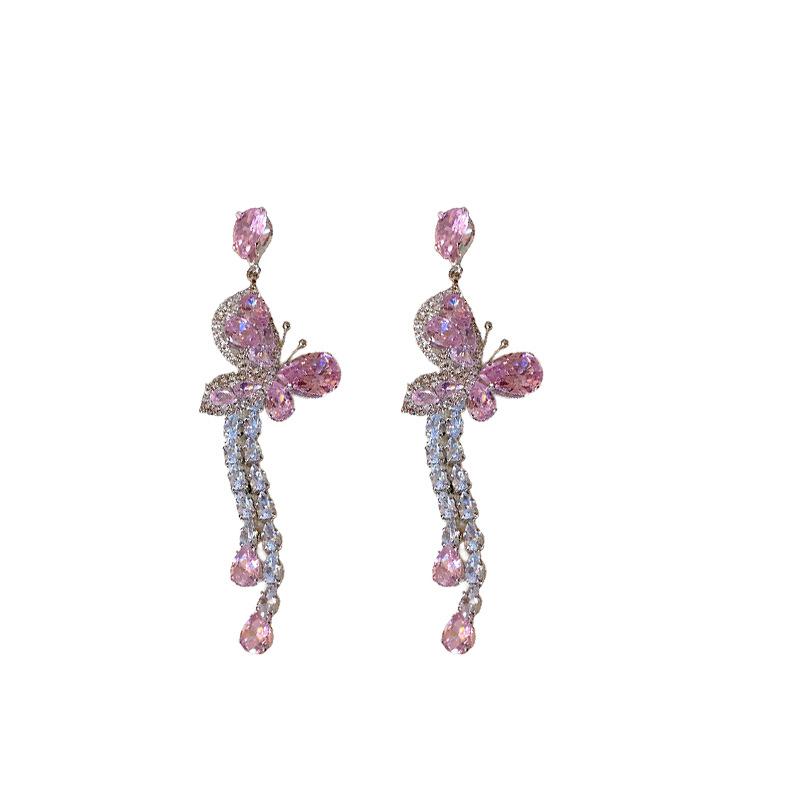 Silver Needle Luxury Cubic Zirconia Butterfly Water Drop Tassel Earrings, European & American Retro, Sweet Exquisite Chic Unique Fashion Earrings