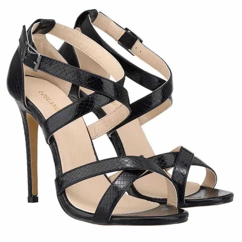 Women Sandals Stilettos Fashion Buckle Strap High Heels Sandal Crocodile Sexy 11cm Party Gold Silver Wedding Shoes Plus Size 42