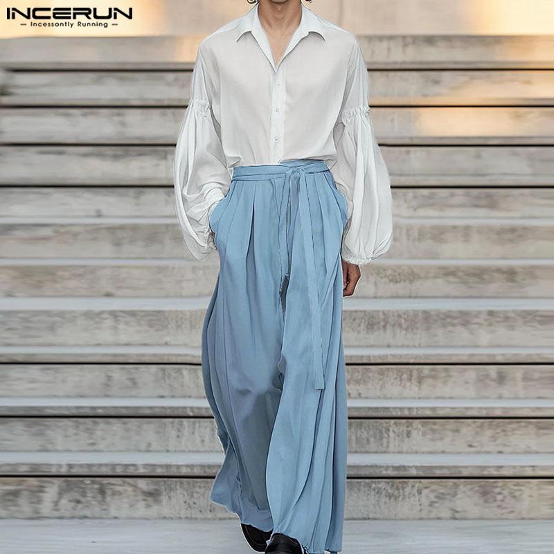 INCERUN 2-teiliges Herren-Set: Hemd mit Reverskragen, leicht transparent, langärmlig, mit weitem Bein und lange Hose