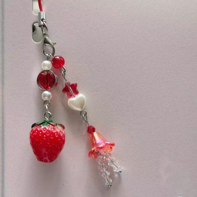 Sweet Strawberry Beaded Phone Charm Straps Car Key Hangings Pendants Fashion Bag Decoration Lanyard Purse Accessories