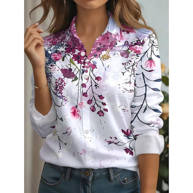 2026 Autumn New 3D Floral Print Blouse Ladies Long Sleeve Button Laple Loose Shirt Tops Casual Fashion Spring Women's Clothing