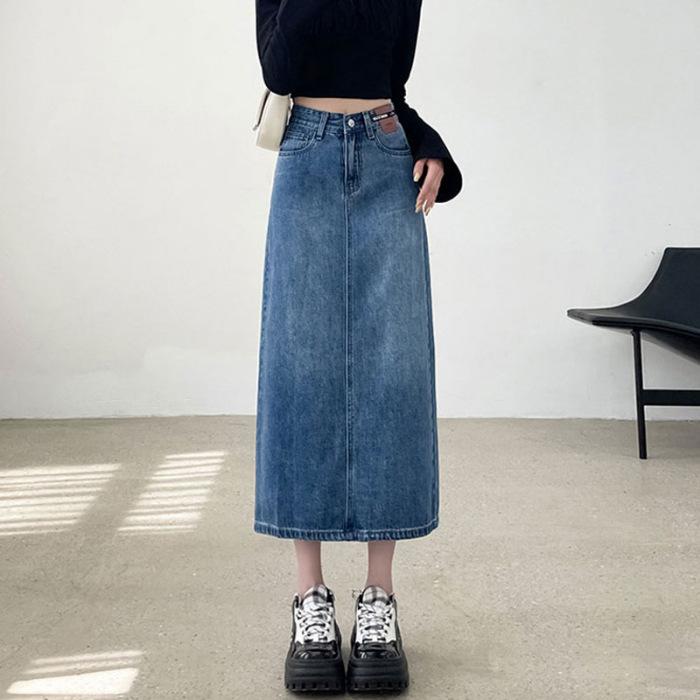 

Винтажная джинсовая полуюбка трапециевидной формы, женская полуюбка средней длины с высокой талией, прямая посылка, джинсовая юбка на бедрах XL синий