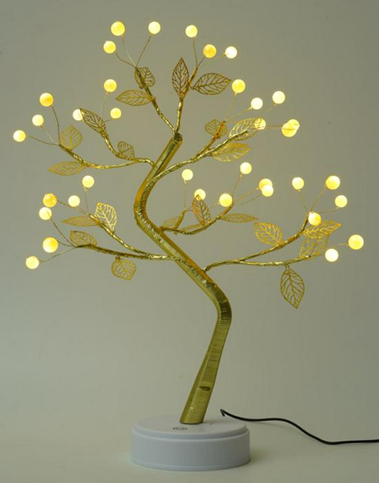Bonsai LED Table Lamp with Pearl Gold Leaves & Silver Branches - Decorative Night Light & Christmas Tree Decor