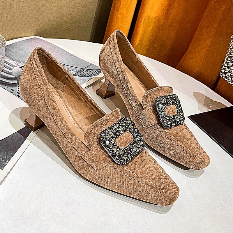 Black High Heels Thin Heel 2025 New Autumn and Winter Rhinestone Square Buckle French Square Head Single Shoes British Style Medium Heel Women's Shoes