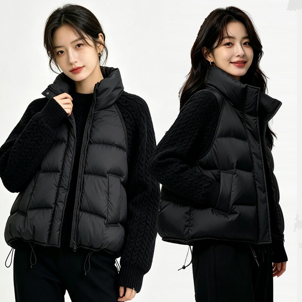 European and American Winter New Stand-up Collar Knitted Sleeves Splicing Shoulder Sleeves Down Cotton Clothes Women's Short Fashion Casu