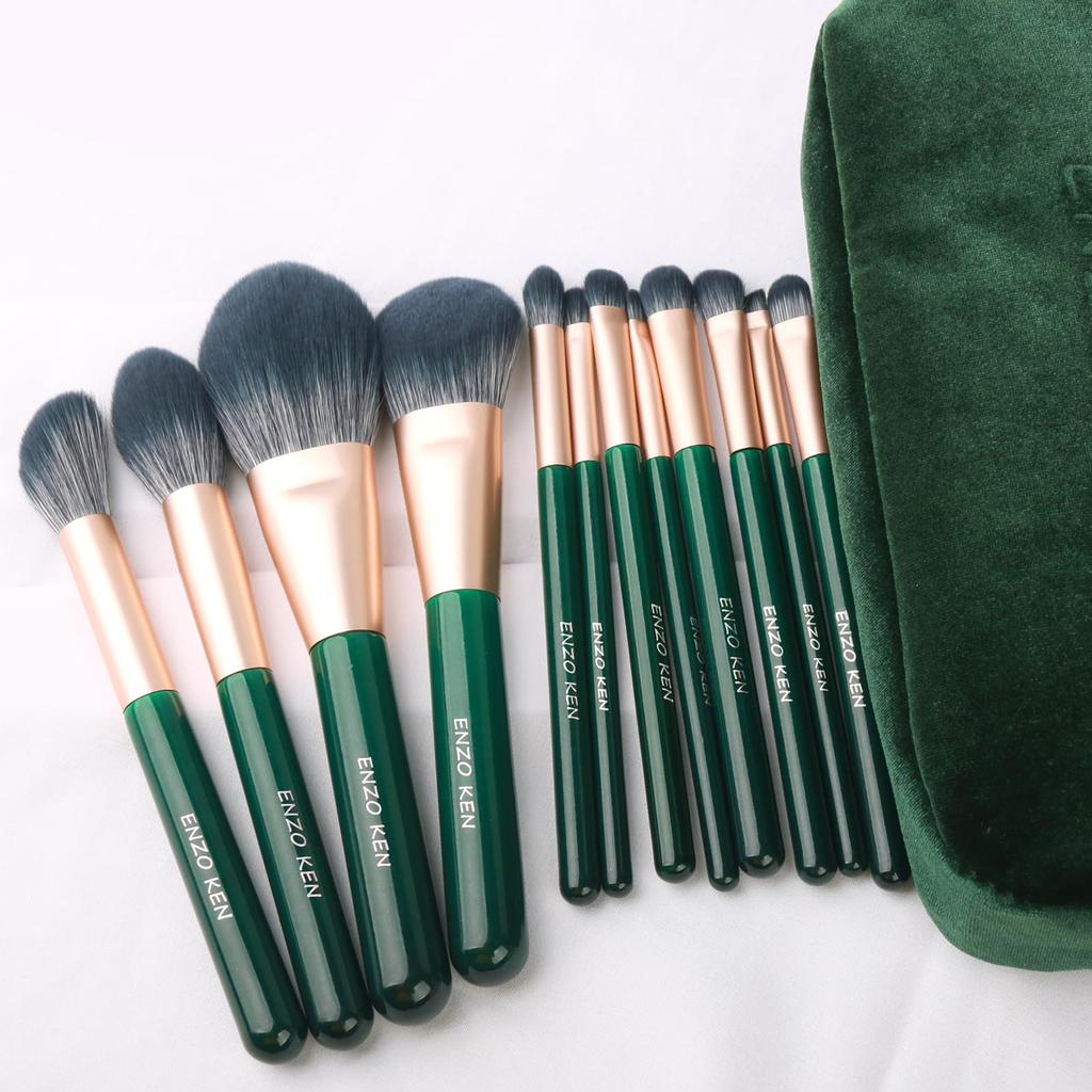 ENZO KEN Grünes professionelles Make-up-Pinsel-Set mit Reiseetui, smaragdgrünes veganes Lidschatten-Pinsel-Set, superweiches Haar, Reise-Kosmetikpinsel-Set, 12 Stück mit