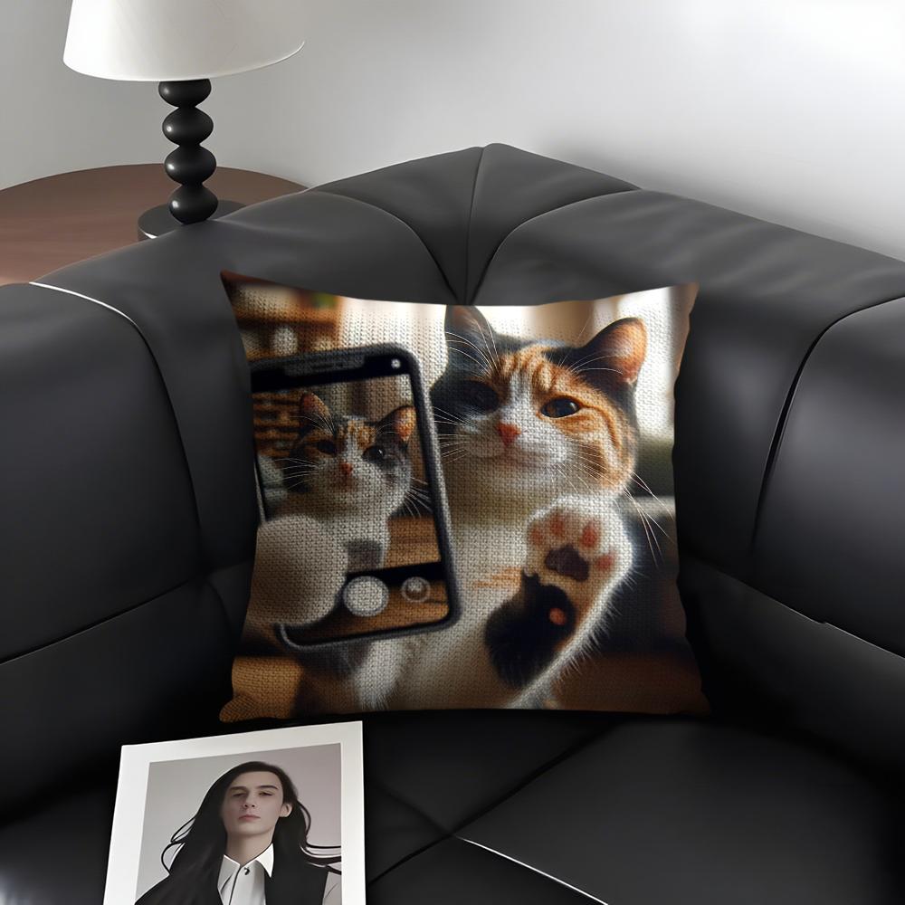 Cute Cat Playing Phone Cushion Cover Natural Linen Organic Fabric DoubleSided Printing Sofa Home Decor Gift Pillow Case