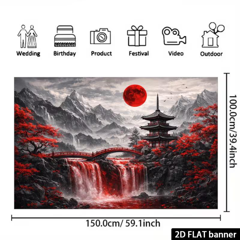 2D Japanese Red Landscape Tapestry Red Moon Pagoda & Mountain Wall Art