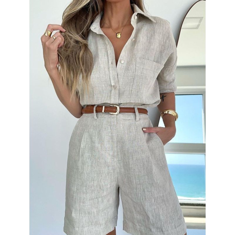 Long Sleeve Collar Shirt Shorts Set Long Sleeves Lapel Shirt Shorts Suit