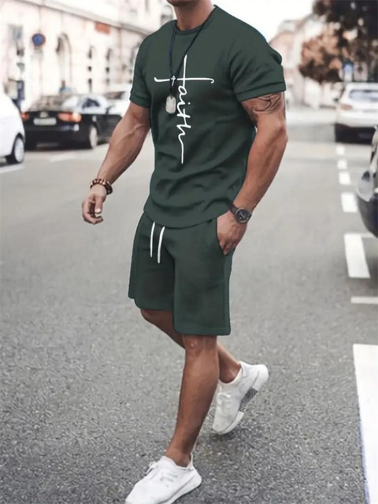 Mens T Shirt Shorts Set Fashion Mens Cross 3D Printed Short Sleeve Two Pieces Oversized Outdoor Beach Sports Men's Plus Size Suit