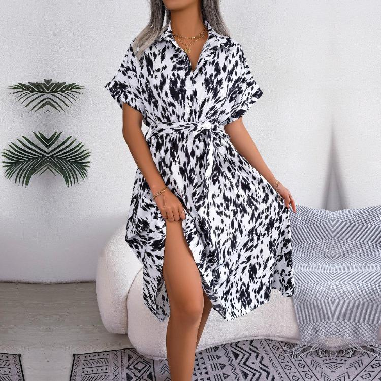 

Summer Women Lace Up Leopard Print Loose Single Breasted Shirt Dress S белый