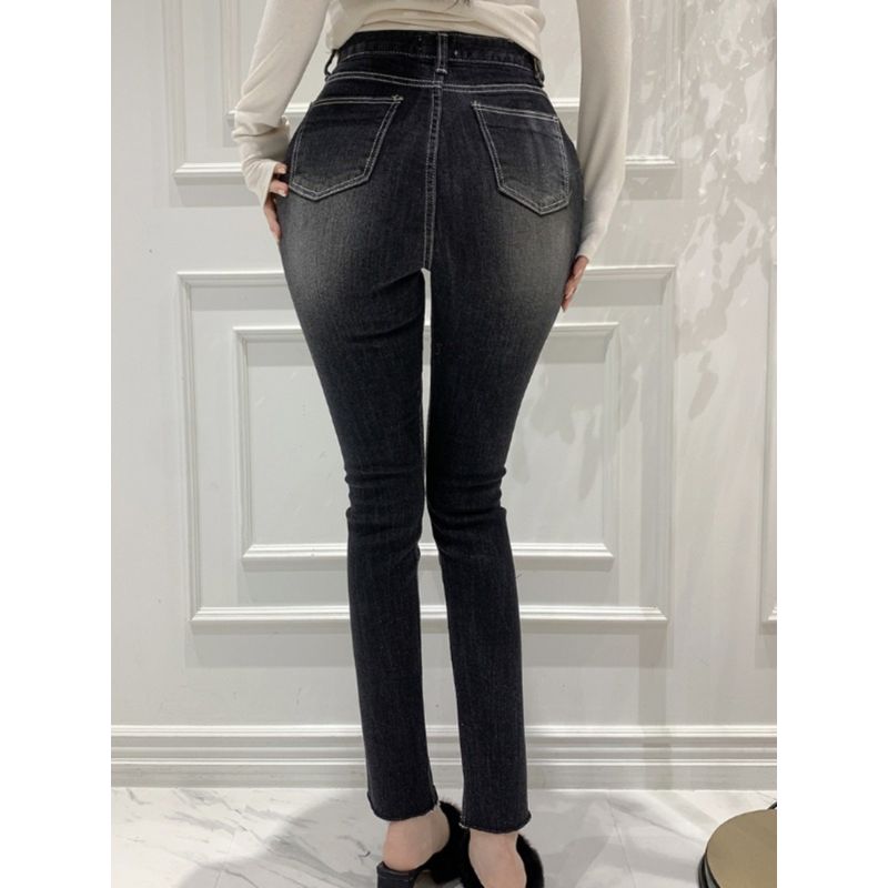 Spring and Summer South Korea Dongdaemun High Waist 2 Buttons Slim Fit Buttock Lifting Fengyi Faded Skinny Slimming Capri Jeans Women