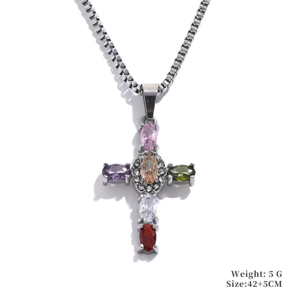 Yhpup Delicate Shiny Cubic Zirconia Cross Pendant Necklace High Quality Stainless Steel Fashion Classic Jewelry