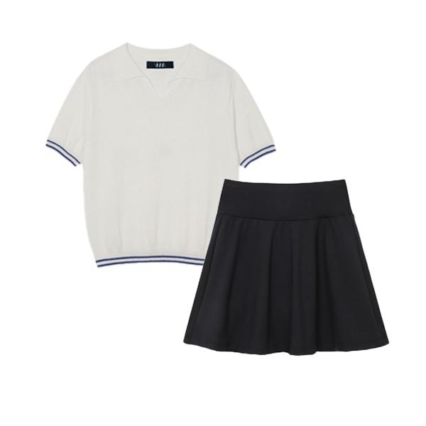 Wimeonteu Half-Open Pinstripe Point Short Sleeve Top And Flare Air Skirt Set