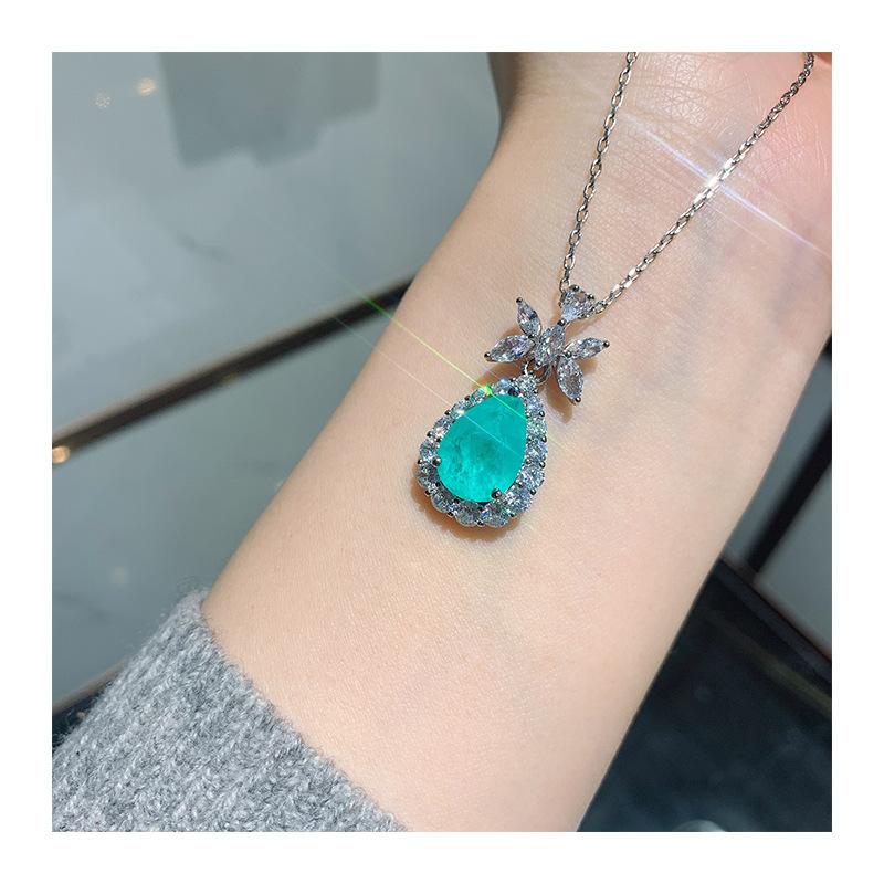 Simulation Paraiba Blue Noblewoman Pendant Emerald Bride Vintage Jewelry Necklace Earring Set