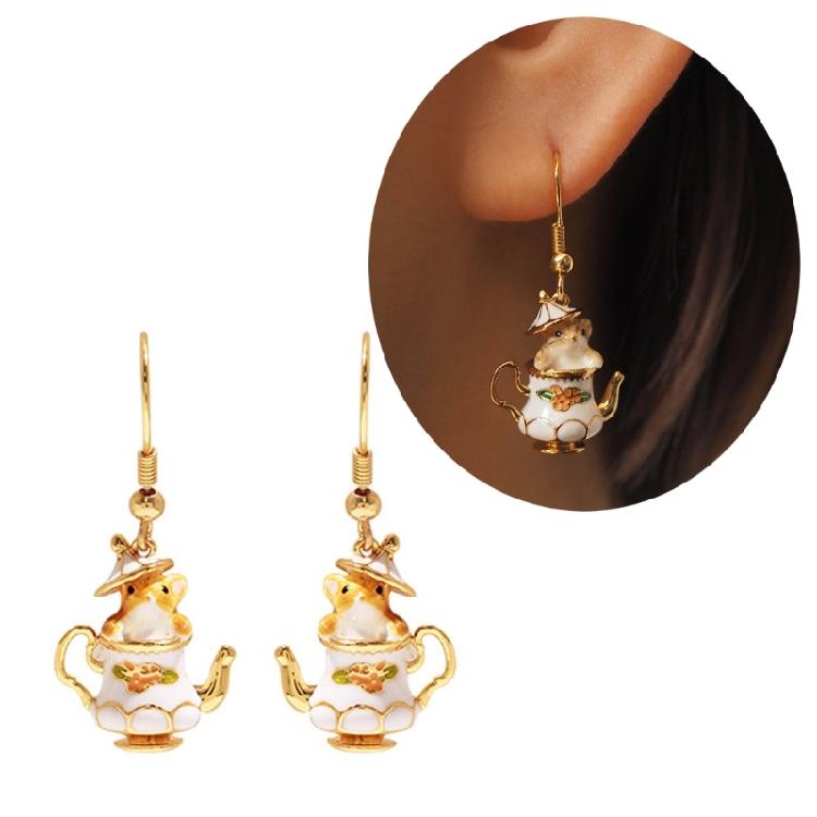 Enamel Chipmunk Teapot Earrings Trendy Pendant Necklace Stylish Woman Accessory