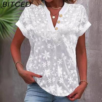Damen Sommer Einfaches Casual Einfarbiges V-Ausschnitt Kurzarmhemd