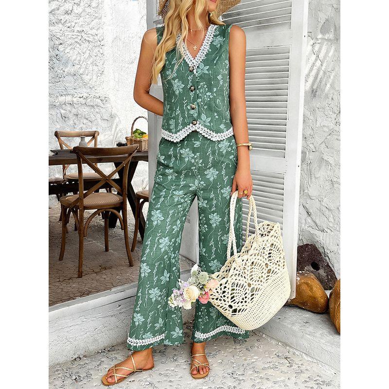 Printed V-neck Vest Wide Pants Set Print V-neck Vest Wide Leg Pants Set