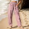 Women Autumn Winter Versatile Linen Blend Solid Color High-Waisted Pants with Pocket